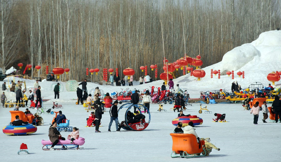 2月14日，游客在阿克苏国家湿地公园滑雪场体验冰雪运动，乐享假日美好时光。（颜寿林 摄）