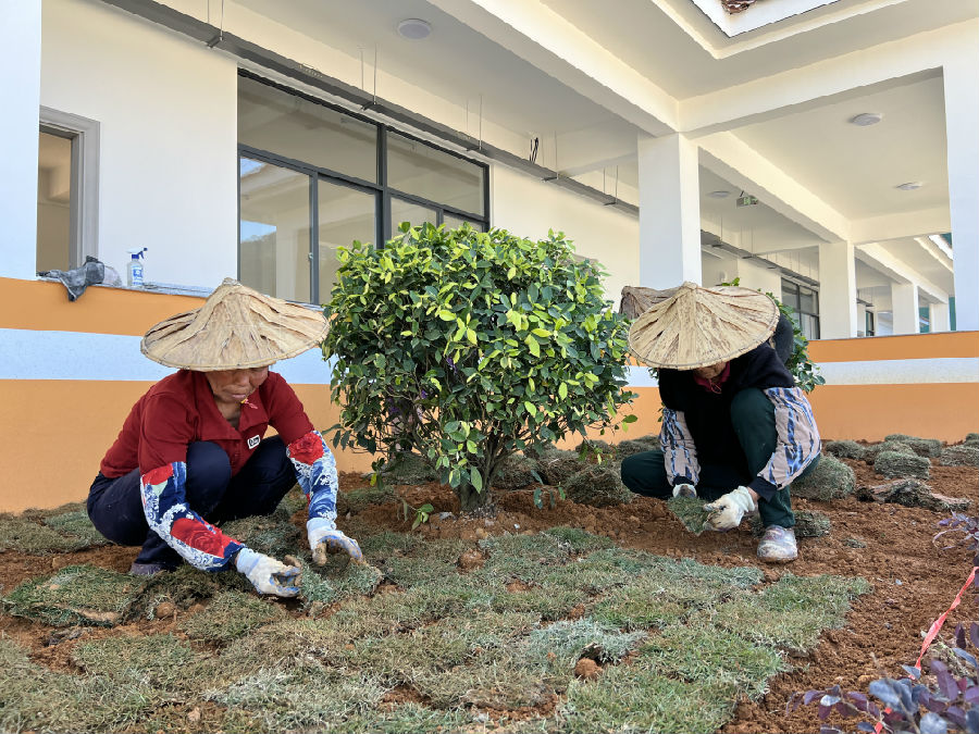 华安县城关公路站内工人正在进行绿化扫尾工作。（陈国霆 摄）