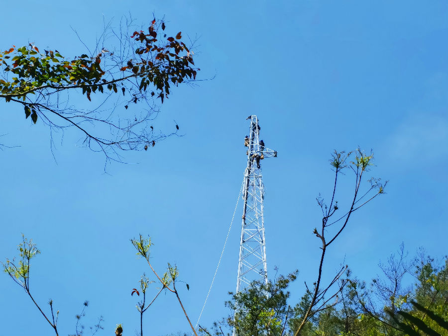 施工人员进行35千伏线路铁塔组立（梁巧玲 摄）