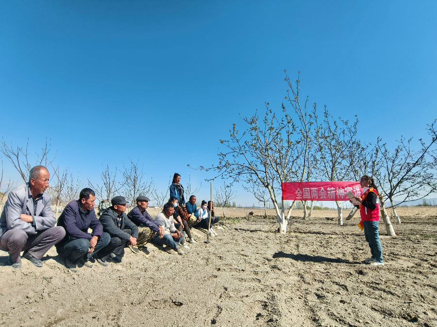图为乌什县英阿瓦提乡青年宣讲员在田间地头宣讲全国两会精神（程斌 摄)