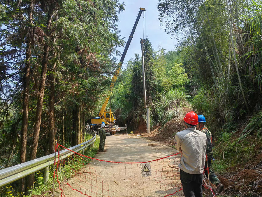 供电员工利用吊车架设电杆（林琳 摄）