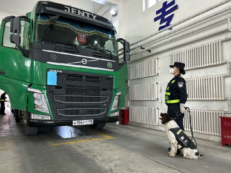 阿拉山口出入境边防检查站公路执勤现场民警正在对入境货车开展检查工作（赵越 摄）