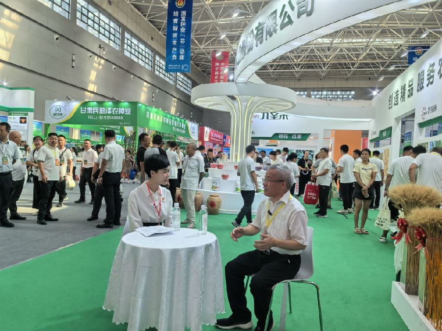 图为在九圣禾种业股份有限公司展区，网络主播贺娇龙与中国工程院院士、华中农业大学教授张献龙对话中（查燕荣 摄）