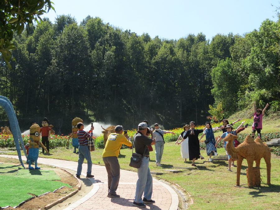 游客前来打卡稻草人（童曙明 摄）