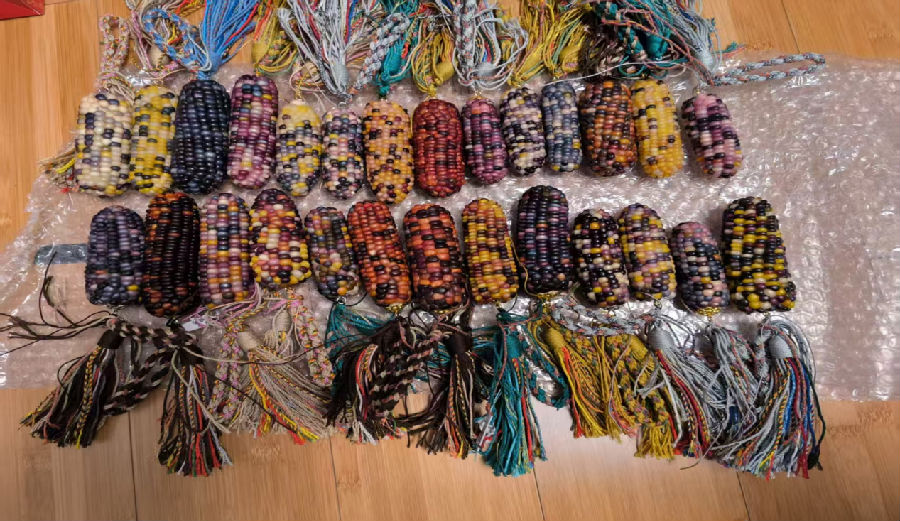 东方红村民在党支部书记和省文旅局驻村工作队指导村民们制作的文玩玉米成品（张健 摄）