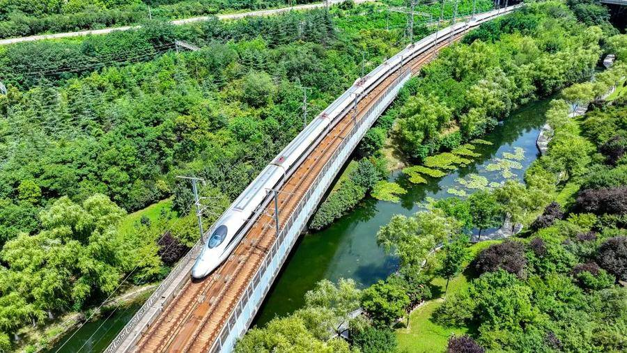 高铁列车在匡河公园穿行（洪志义 摄）