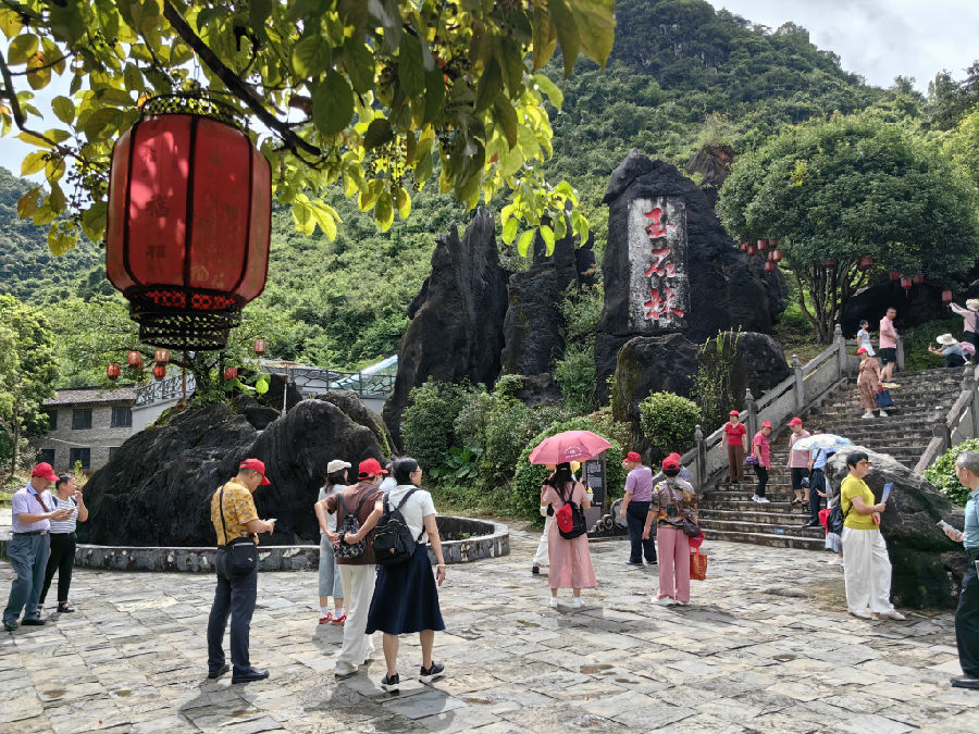 来自粤港澳大湾区的游客在玉石林景区游玩、拍照打卡。（王钰 摄）