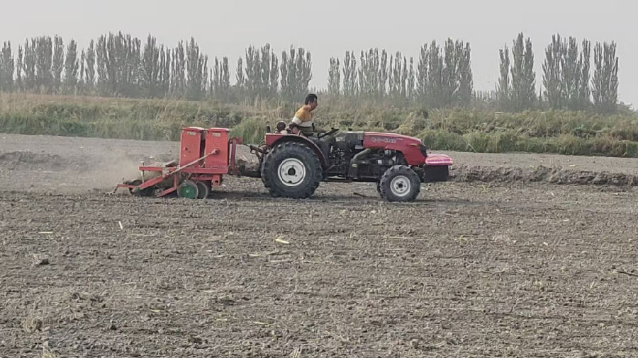 温宿县托甫汗镇托万克托甫汗村村民驾驶农机播种冬小麦（陈强 摄）