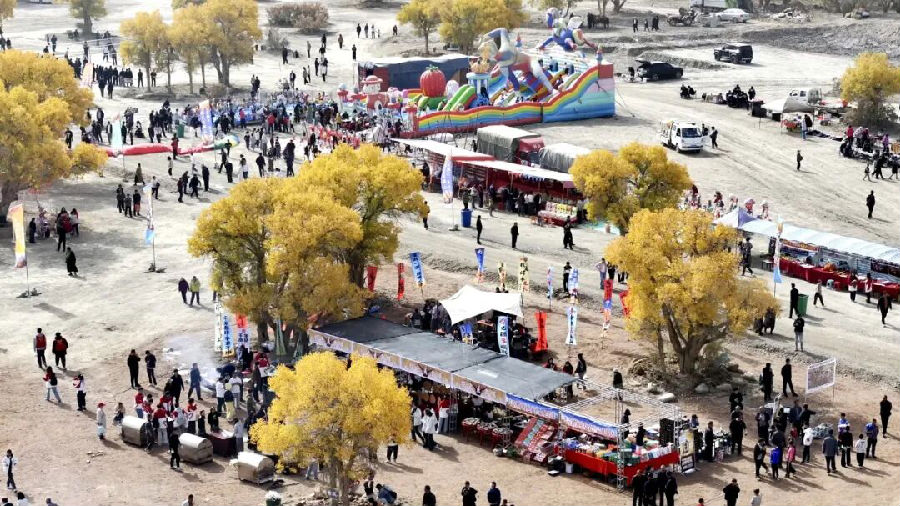 10月18日，2025年温宿县“赏金秋胡杨林 品生态碱山羊”乡村文化旅游系列活动在共青团镇萨叶科普胡杨林启幕，各地游客走进胡杨林参观游玩体验。（杨礼文 摄）