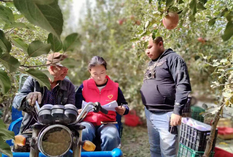 温宿县依希来木其乡金嗓子宣讲队在田间地头给群众宣传党的二十届四中全会精神（李颖 摄）