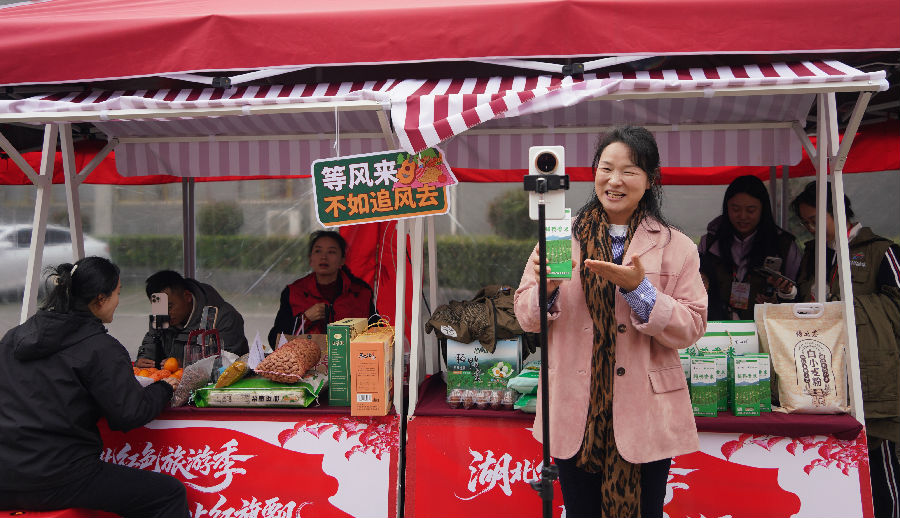 红色文创市集现场主播直播带货大悟农特产品(易荣波 摄) 红色文创市集现场主播直播带货大悟农特产品(易荣波 摄)