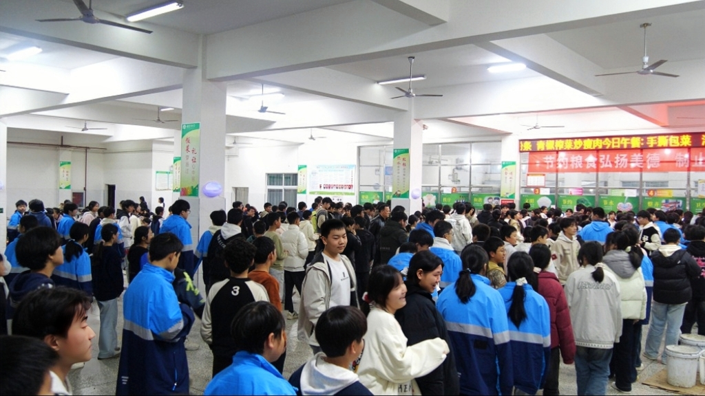 胡营初级中学食堂里学生们排队打饭(楚欣懿 摄)