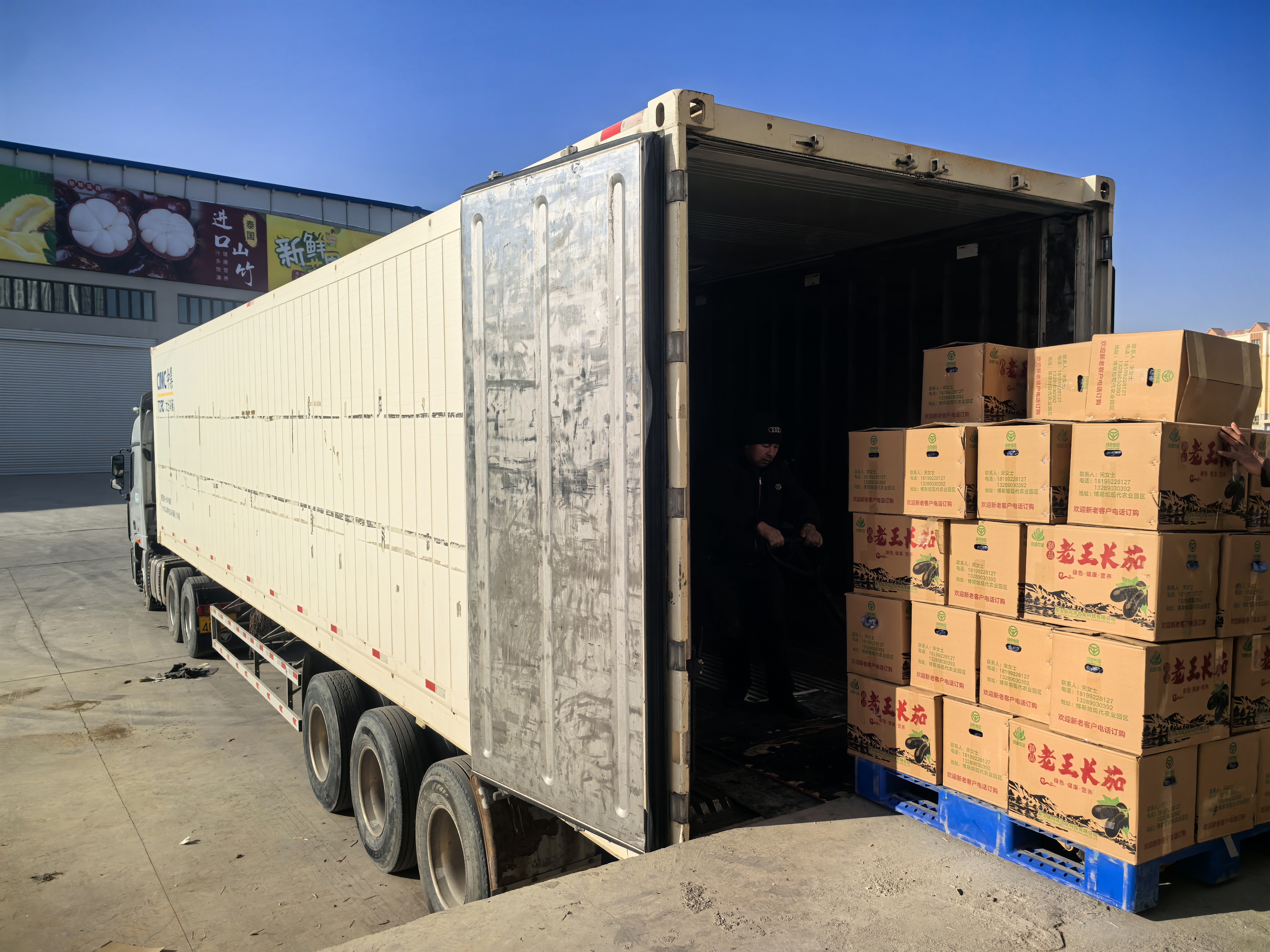 工人往冷链车上装载货物(查燕荣 摄)