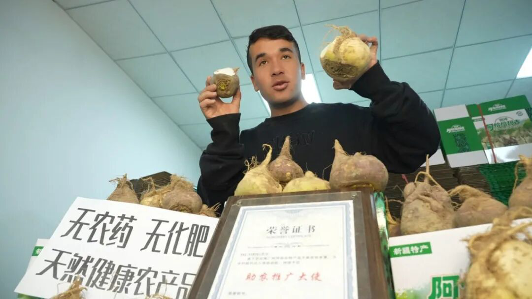 种植户正在直播推销恰玛古(艾热提 摄)