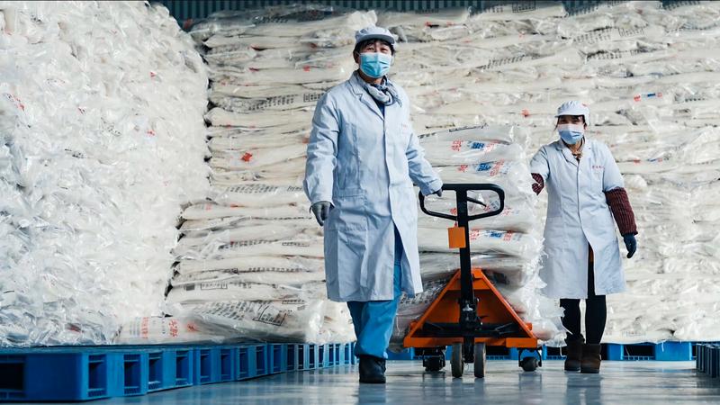 工人在庄浪县宏达淀粉加工有限公司的标准化仓储车间,搬运包装的马铃薯粉条。(赵军宝 摄)