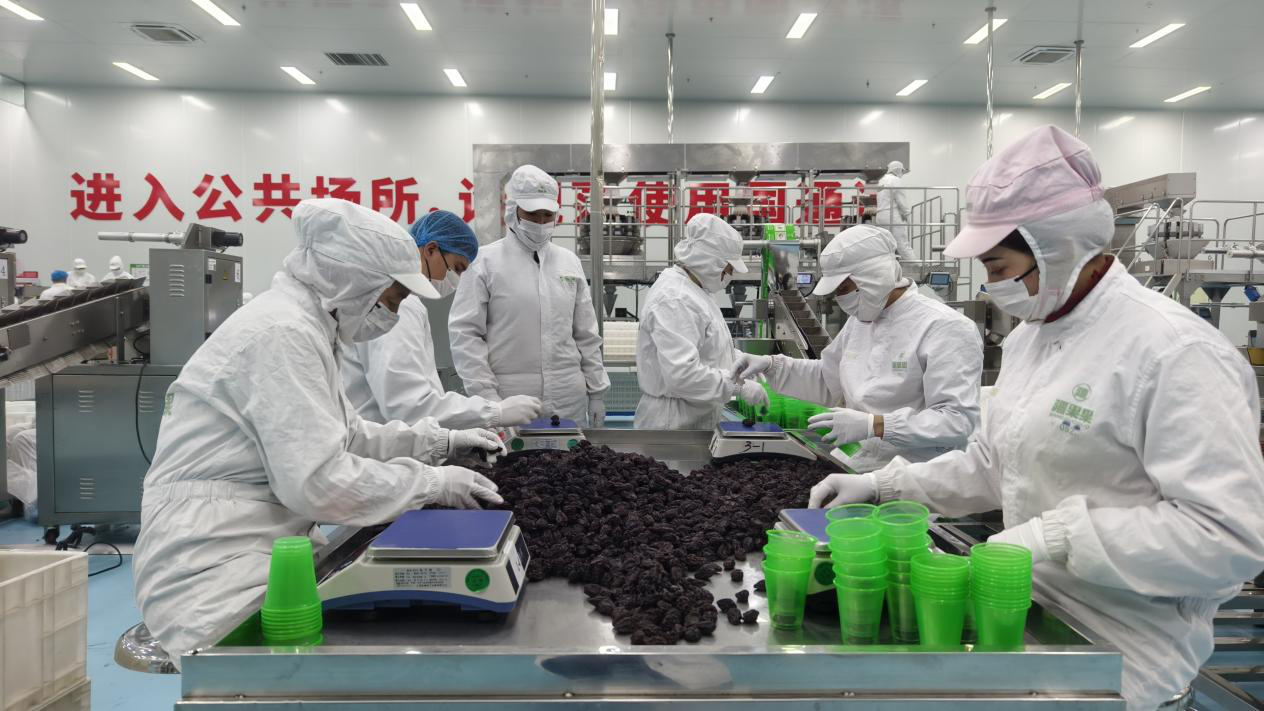 喀什疆果果农业科技有限公司生产车间内,自动化生产线高效运转,员工们与智能设备协同作业。(王涛 摄)