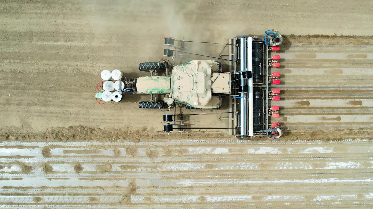 在塔木托格拉克乡通古孜巴什村高标准棉花种植基地,装有北斗导航无人驾驶系统的智能播种机正在作业中。(齐曼古丽·萨塔尔 摄)