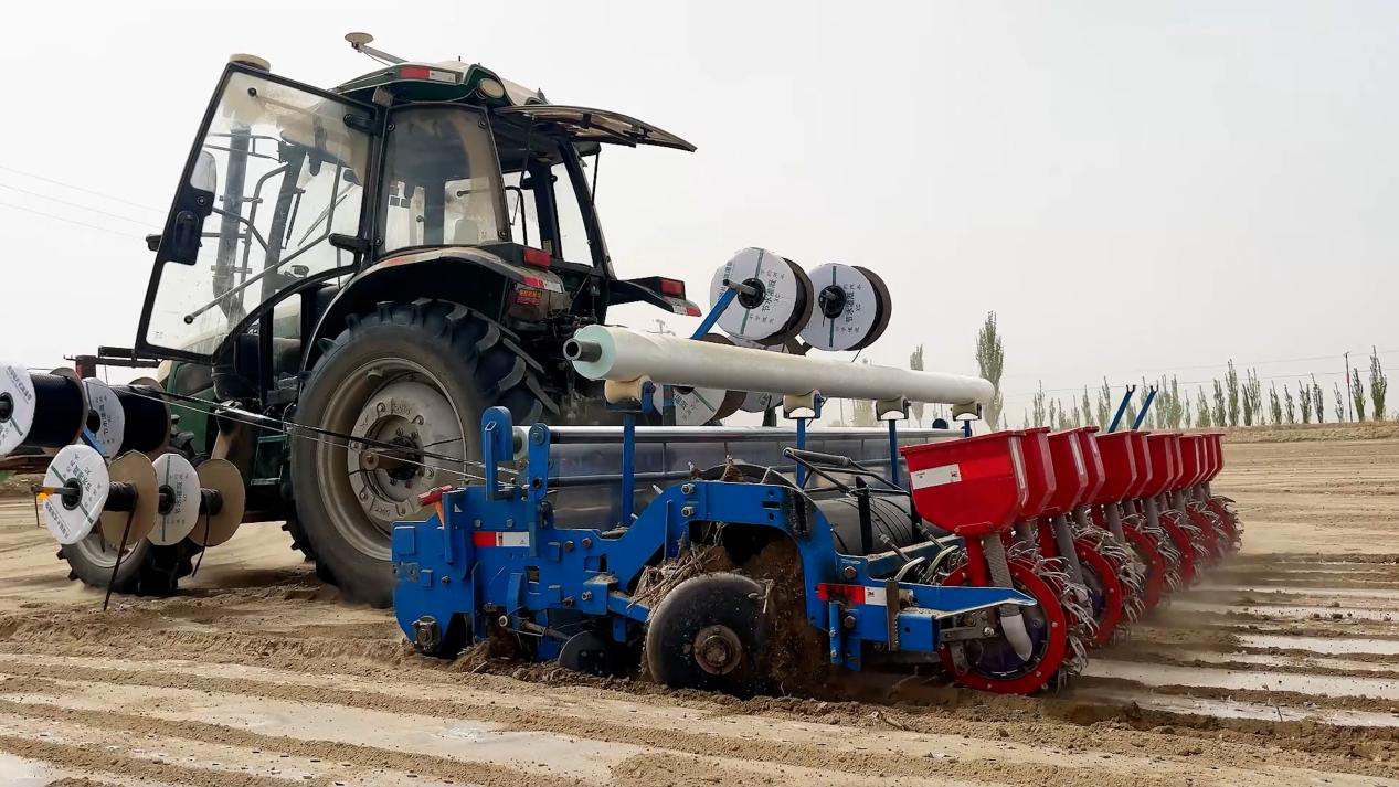 装有北斗导航无人驾驶系统的智能播种机正在高标准棉花种植基地作业。(齐曼古丽·萨塔尔 摄)