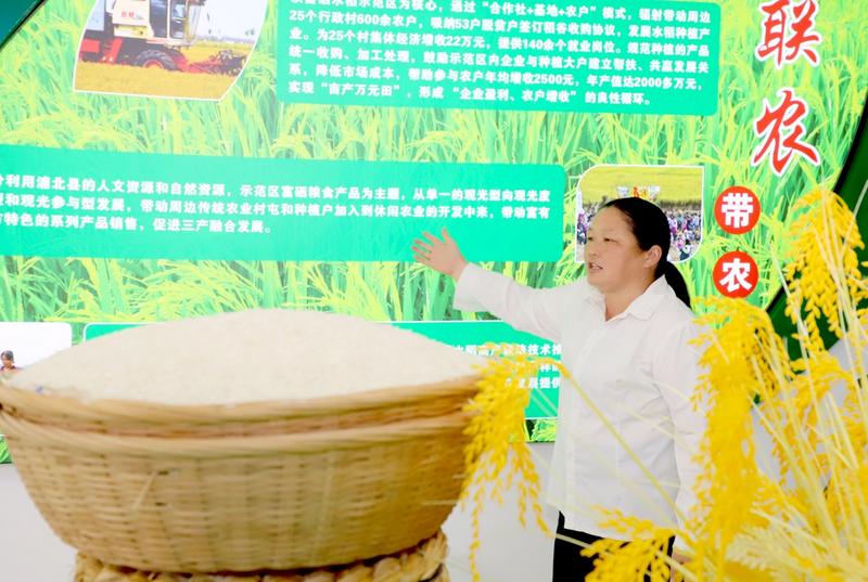 李燕萍在展品区介绍粮食(邓蕾雅 摄)
