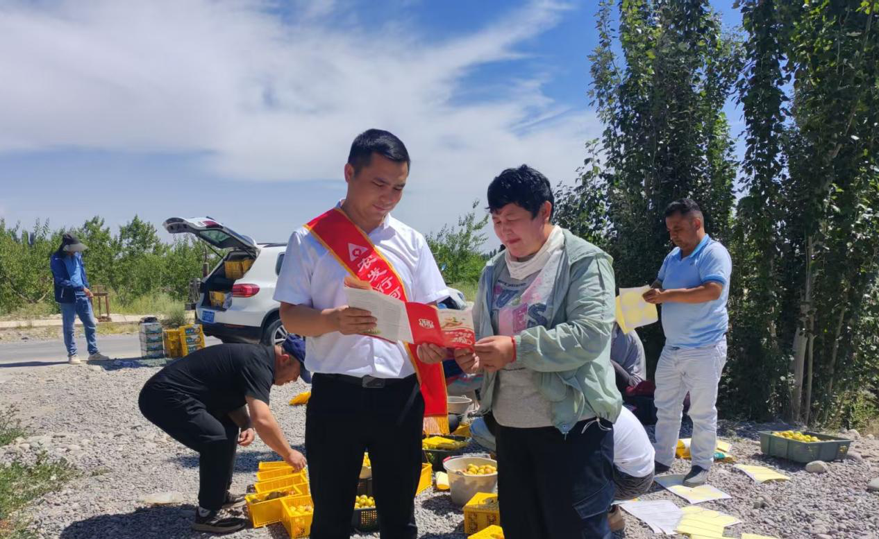 农发行克州分行干部在田间地头开展宣传活动 (马剑波 摄)