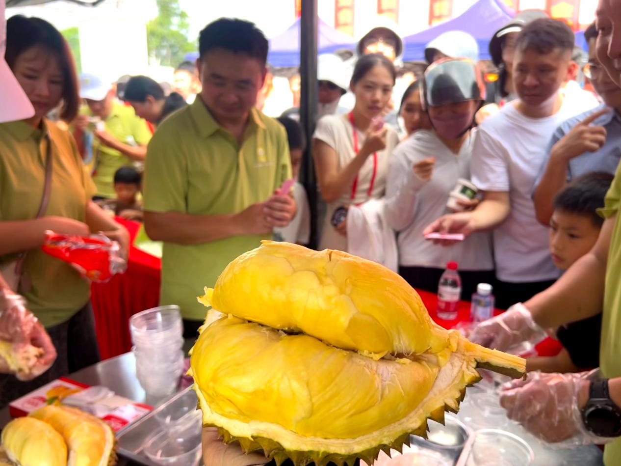 品鉴会现场观众在排队试吃榴莲(骆金梅 摄)