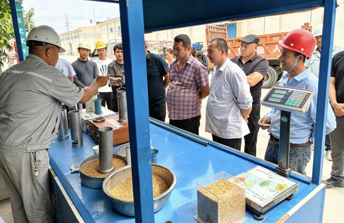 2026年7月,中国农业发展银行麦盖提县支行在粮食质检现场考察调研。(刘传达 摄)