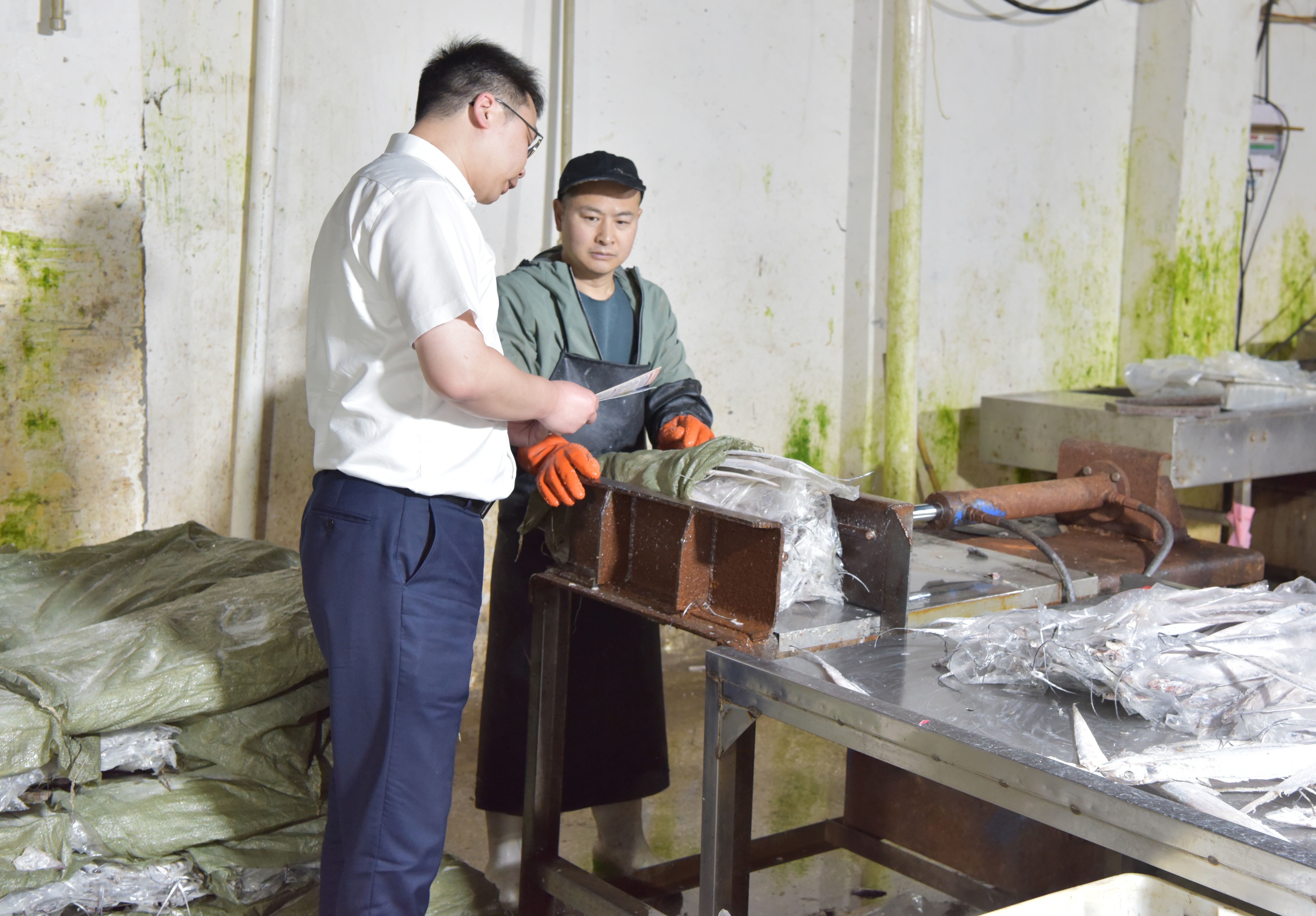 启东农商银行工作人员在海产品加工车间做金融宣讲 (高鹏 摄)