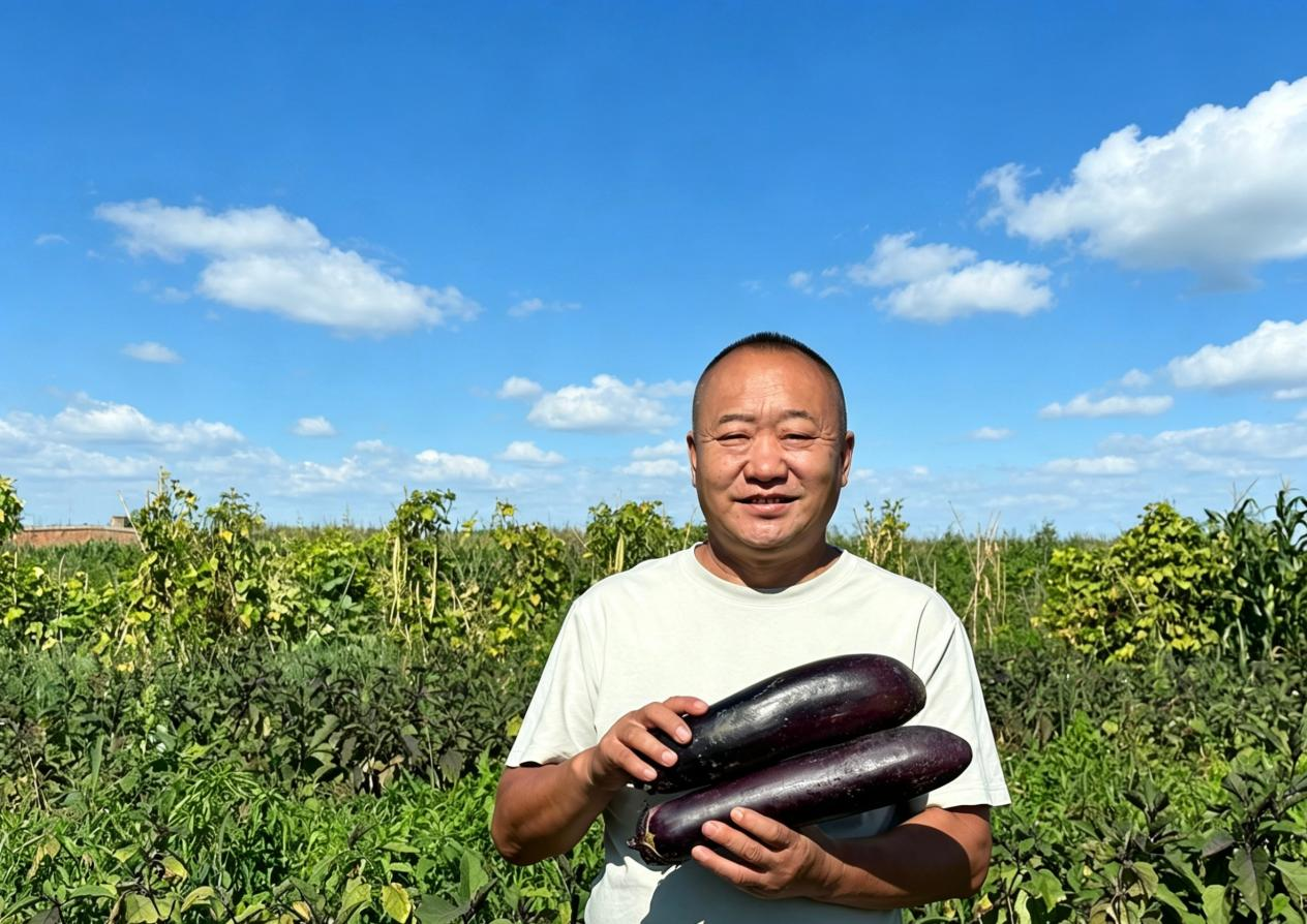 园区负责人蔡德富正在采摘茄子(高伟 摄)