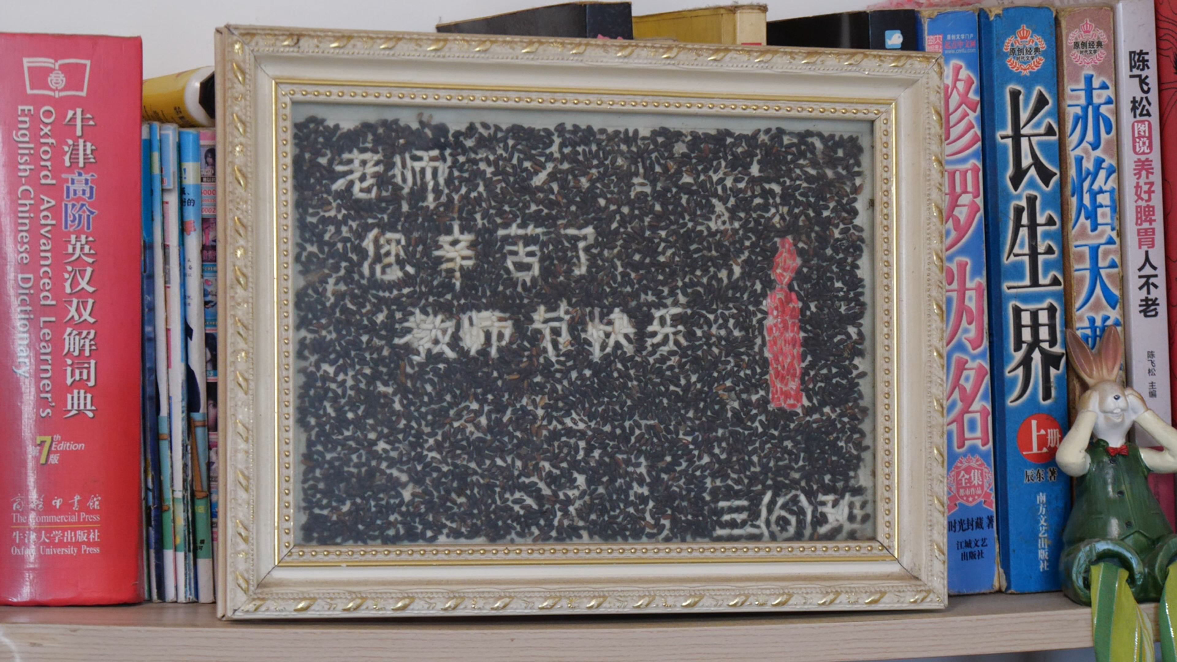 往届学生送给代莉莉的大米装饰画(郑梦欢 摄)