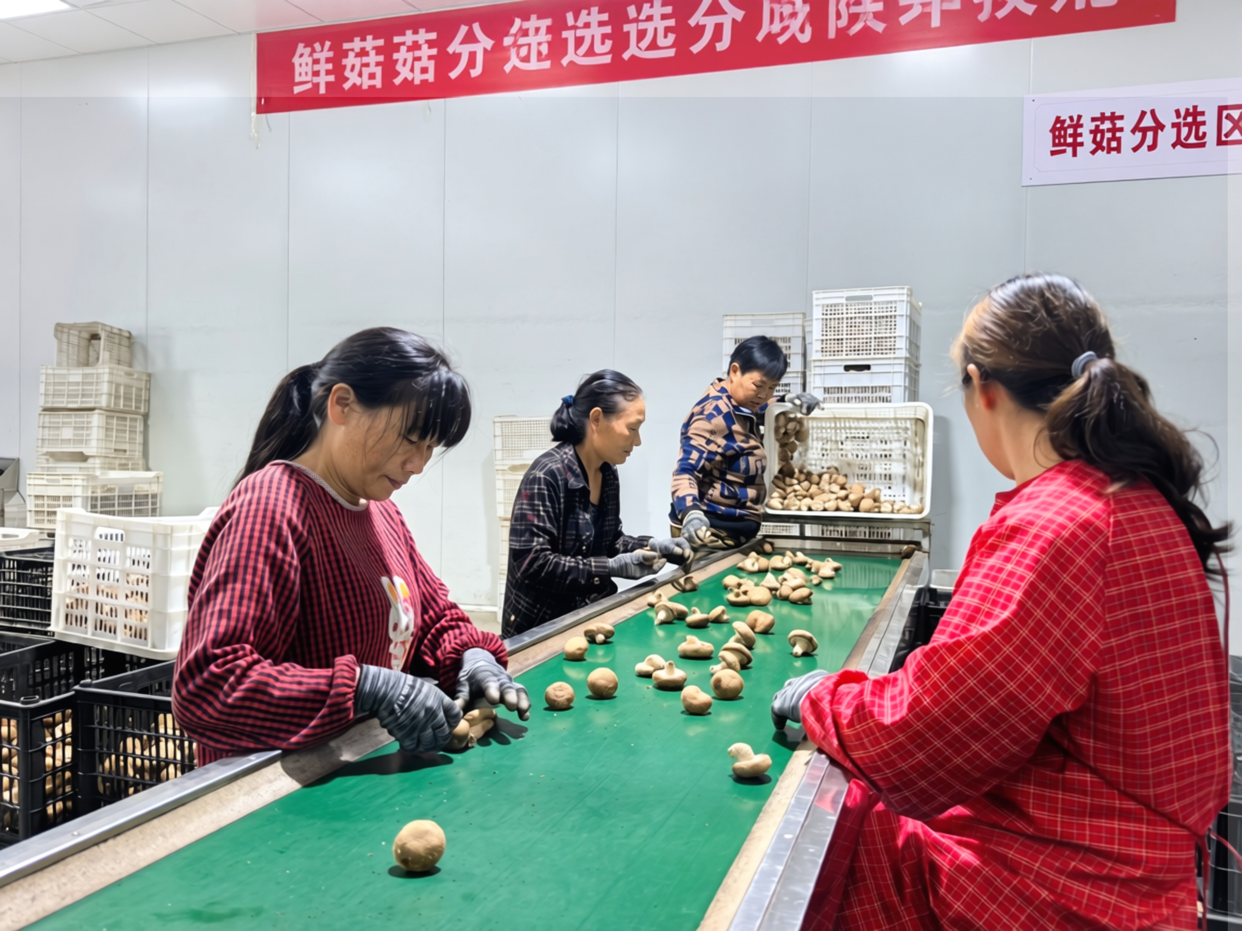 工人们正在筛选香菇(余惠玲 摄)