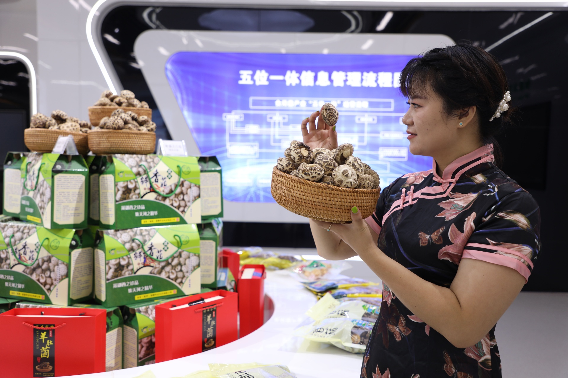 工作人员正在展示郧西县的花菇产品(徐军 摄)