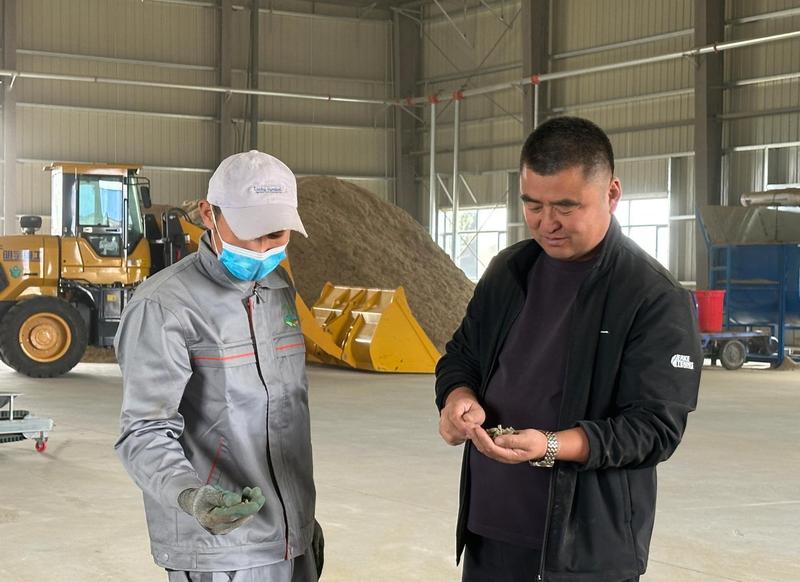 内蒙古中科羊草农业发展有限公司董事长安志军(右)向工人了解羊草颗粒生产情况(毕乐陶 摄)