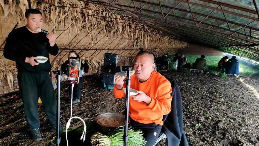 “倔老张”张亚东正在直播销售韭菜(法库宣 摄) “倔老张”张亚东正在直播销售韭菜(法库宣 摄)