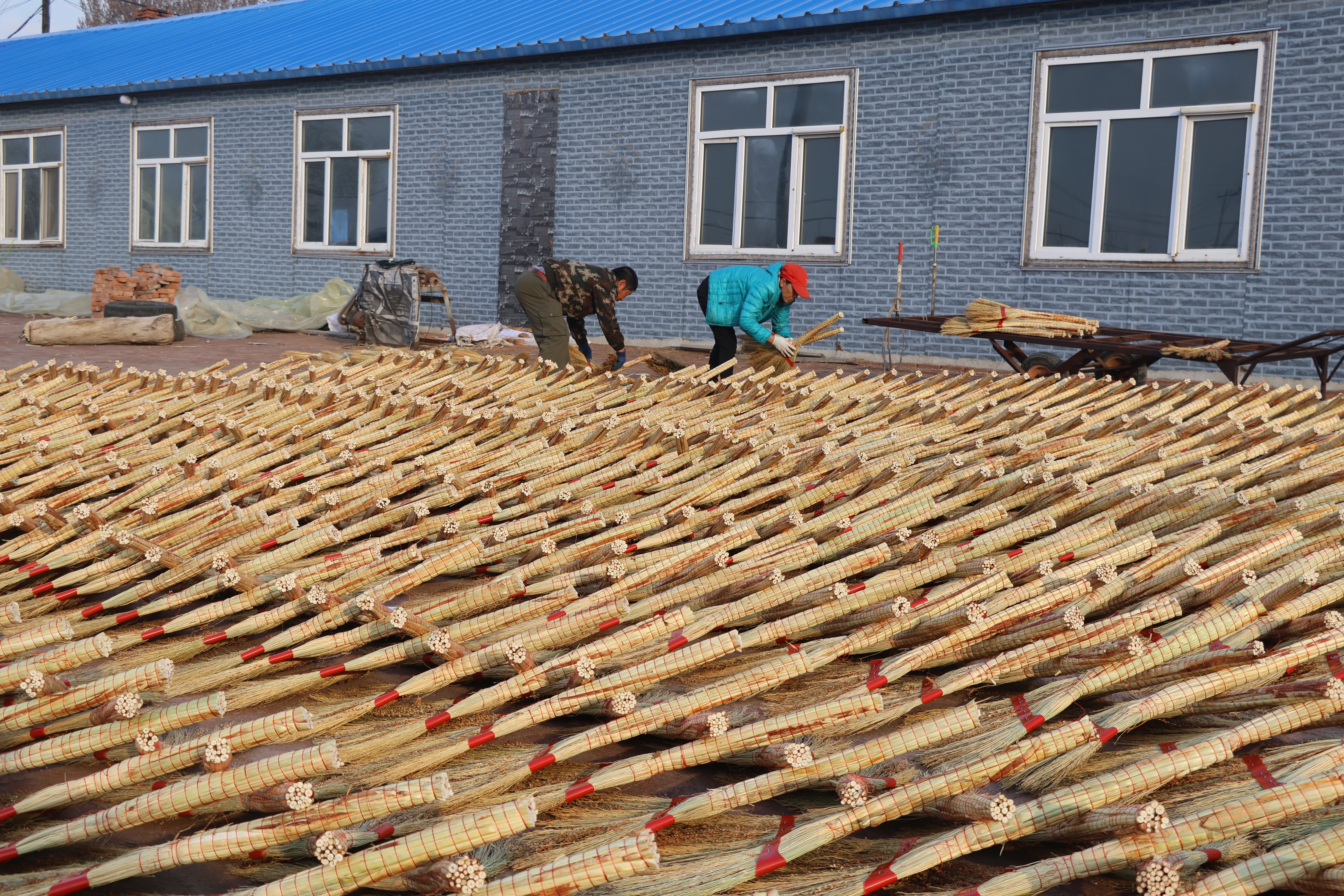 工人在晾晒笤帚（高伟 摄）