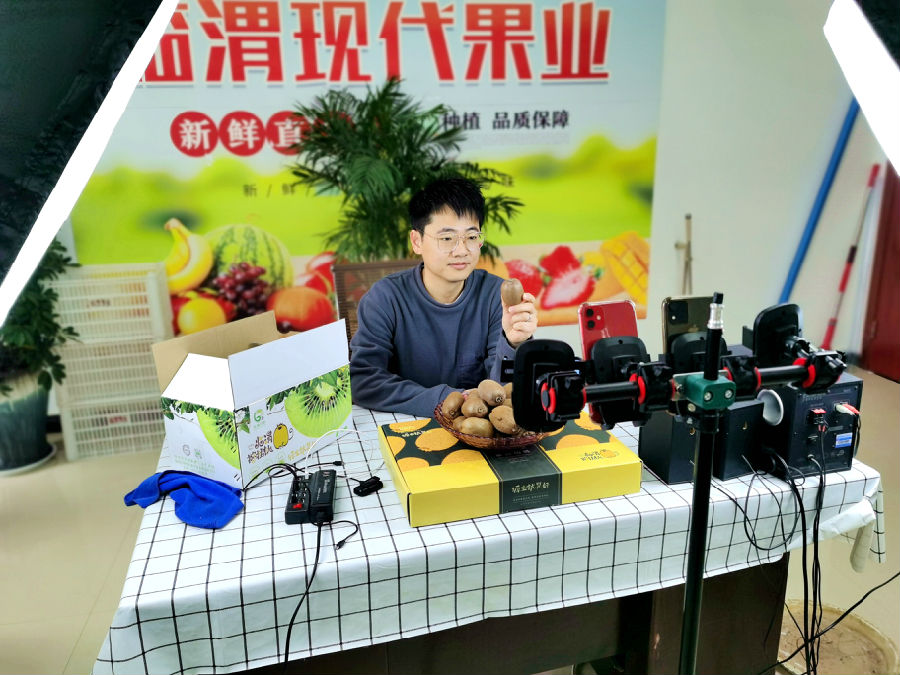 返乡新农人推介猕猴桃（胡洋 摄）